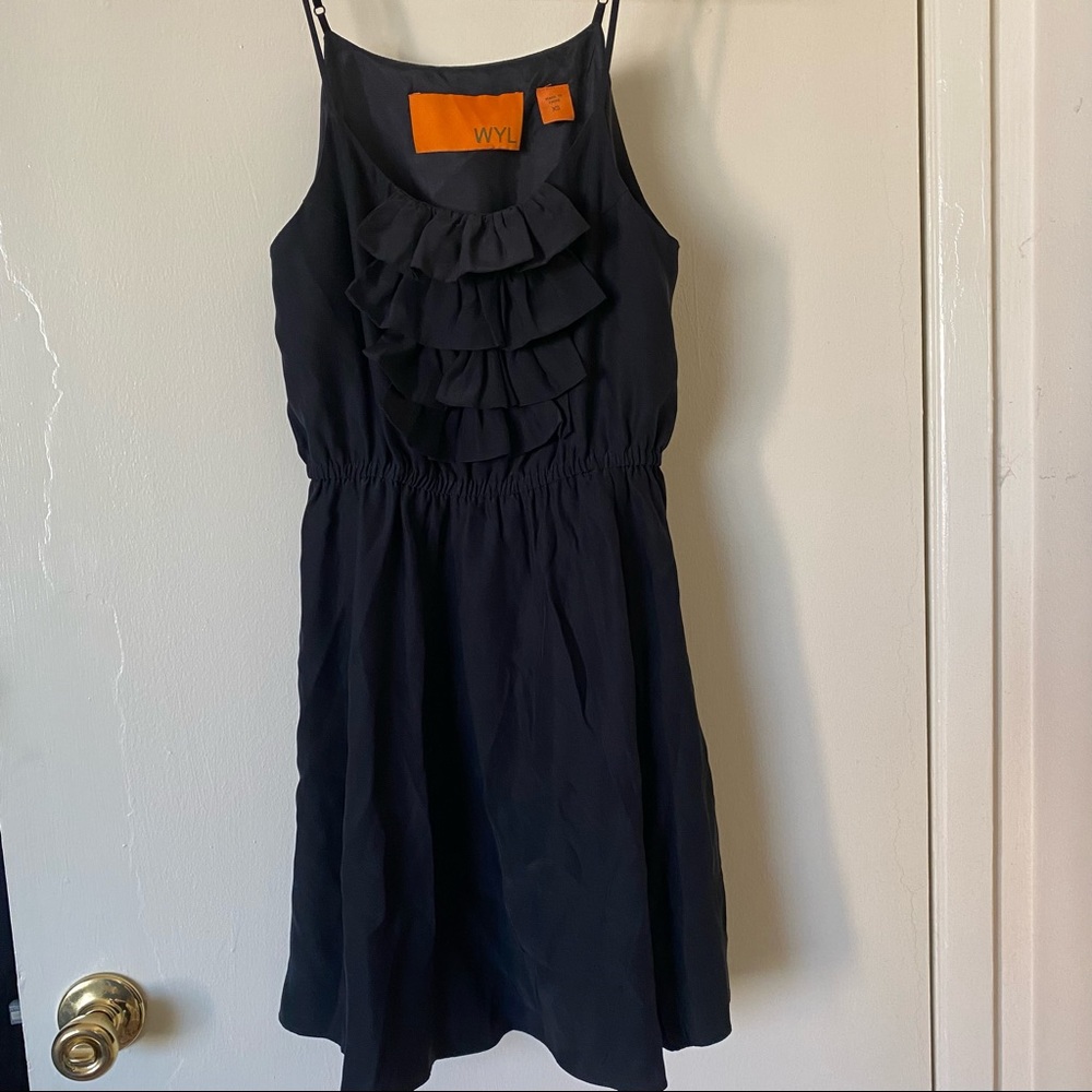 WYL 100% silk ruffle front spaghetti strap mini dress black XS NEW
